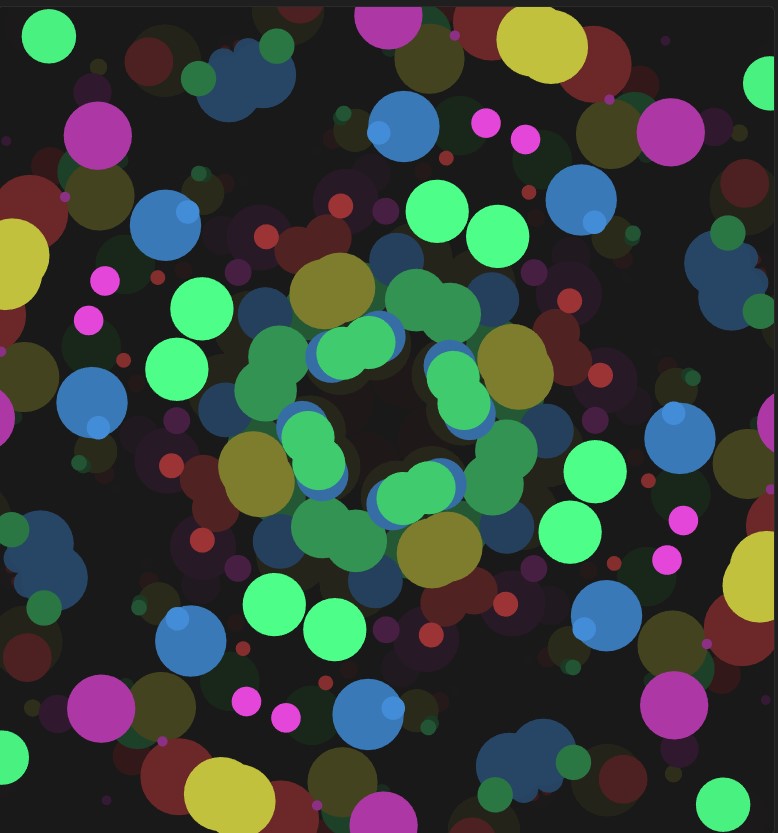 With the new direction, I mirrored the randomly spawning shapes into four sections which made visuals similar to a kaleidoscope where they’re completely symmetrical and look like they’re moving.