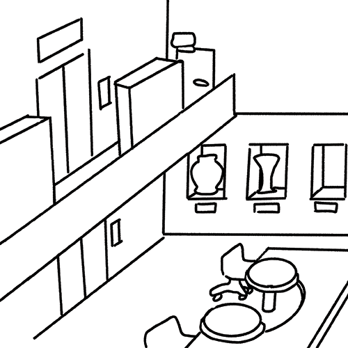 Drawing made of the studio including an elevator, a table, showcase spots, pottery wheels, and storage space on the second floor.
