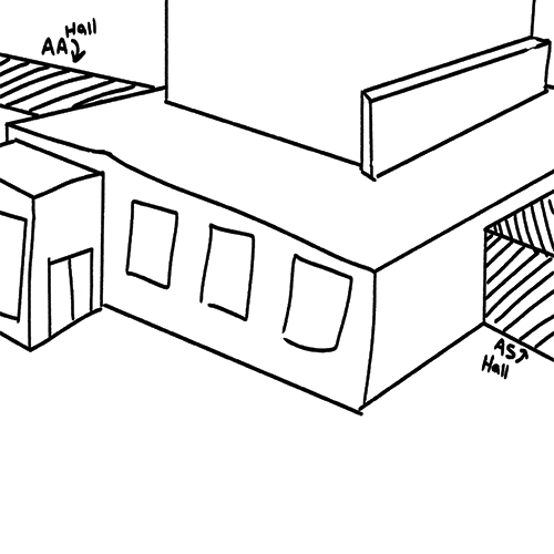 An outside drawing of the ceramics building connecting the Annie Smith building and the Crafts and Design building to eachother.