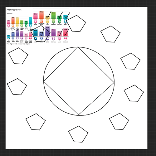 The accent shape value was in the middle and so I chose pentagons to represent the value. The amount of accent shapes was high and I placed a lot of them around.